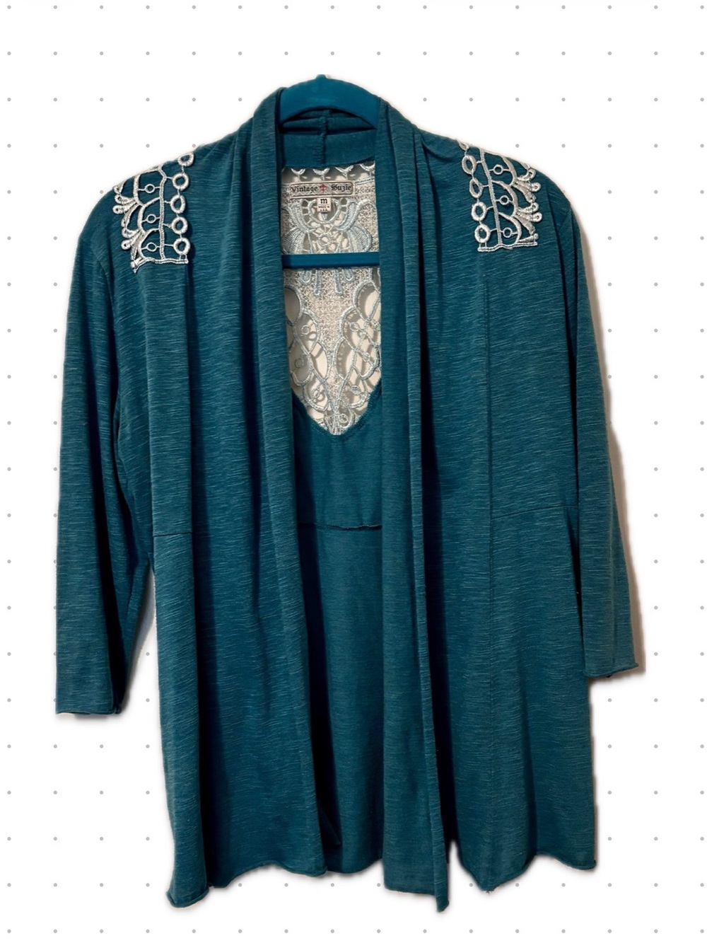 Vintage Suzie Teal Open-Front Cardigan with Lace Back and Embroidered Shoulders